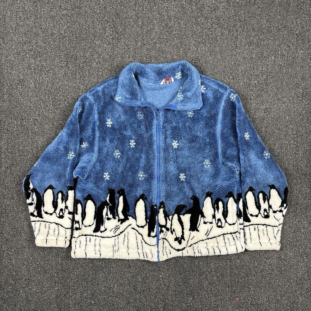 PBJ Sport Sweater Medium Blue Penguins Winter Zip Cardigan Kids Size Small